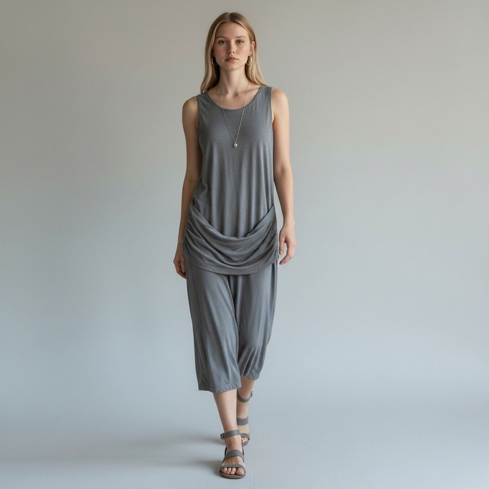 James Perse Grey Draped Waist Sleeveless Midi Tank Dress Size 3 L